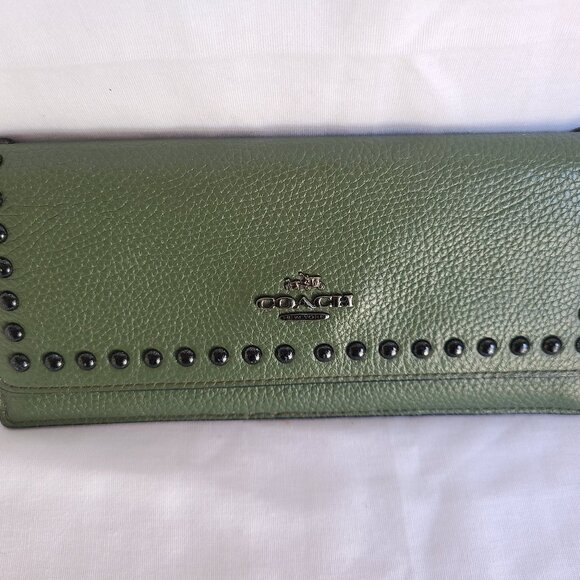 Coach Lacquer Rivet Studded Wallet in Olive Green - Picture 1 of 5